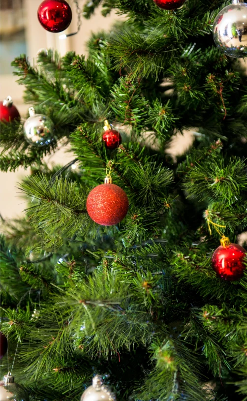 a close up of a christmas tree with ornaments, inspired by Ernest William Christmas, pexels, zoomed out view, hi - res, little, urban surroundings