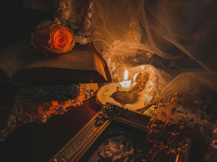 an open book sitting on top of a table next to a candle, a still life, by Elsa Bleda, pexels contest winner, romanticism, victorian gothic lolita fashion, photo of a rose, horror fairy tale, glowing details
