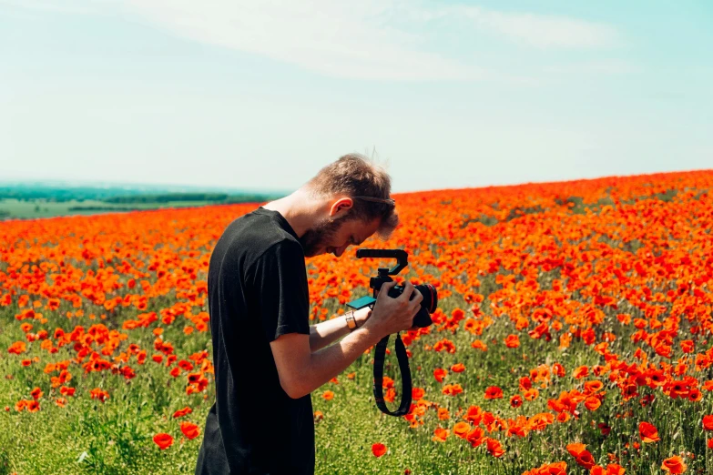 a man taking a picture of a field of red flowers, a picture, by Julia Pishtar, color field, youtuber, kacper niepokolczycki, poppy, sony a7iii