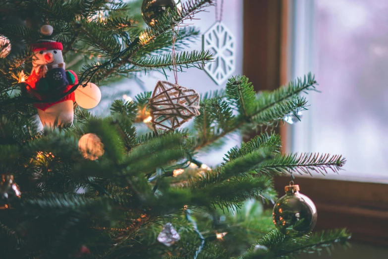 a close up of a christmas tree with ornaments, by Julia Pishtar, pexels, the window is open, a green, hygge, 🦩🪐🐞👩🏻🦳