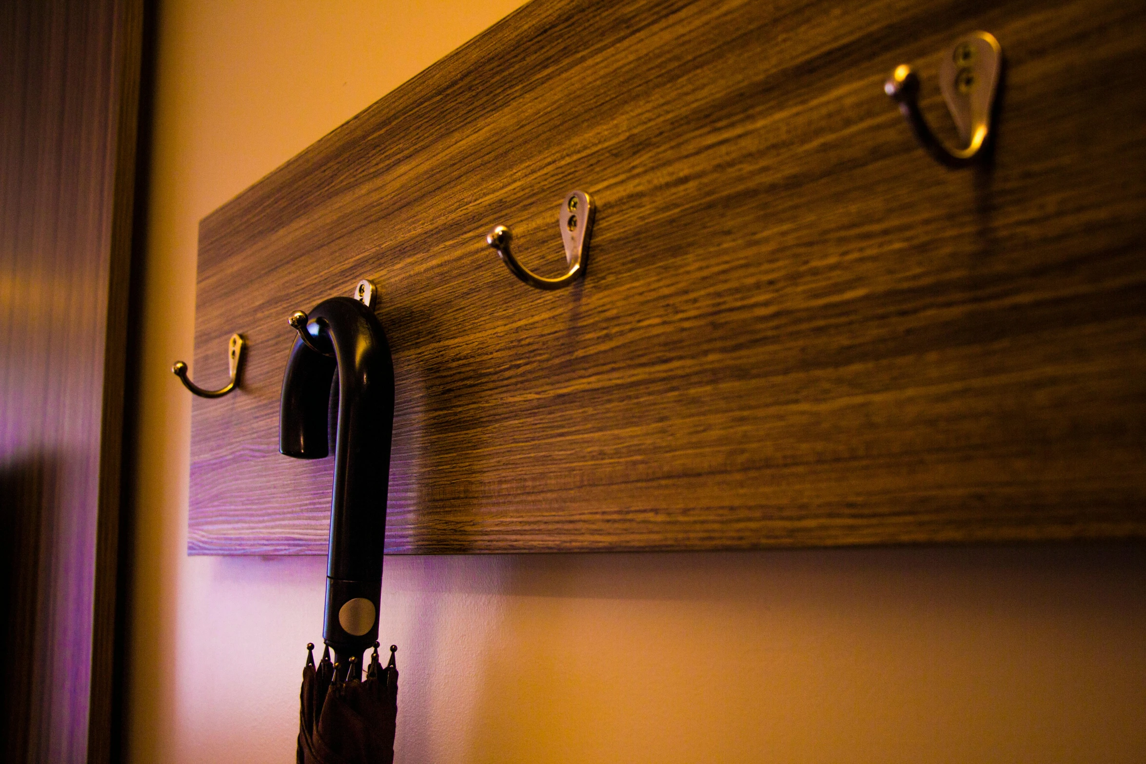 a pair of umbrellas hanging from a hook on a wall, a portrait, by Adam Szentpétery, unsplash, on a wooden tray, apartment hallway, close up photo, brown