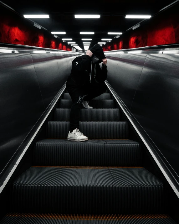 a person standing at the bottom of an escalator, in a menacing pose, lgbtq, virtual self, lonely