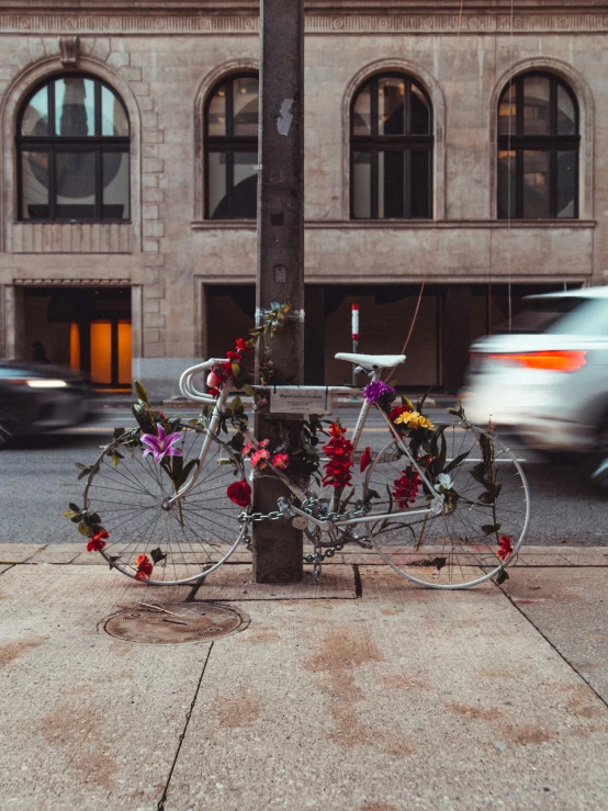 a bicycle chained to a pole on a city street, by Adam Rex, pexels contest winner, process art, wrapped in flowers and wired, modern chicago streets, overlooking, ignant