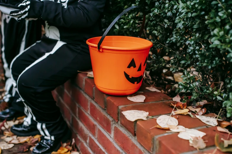 a child in a skeleton costume sitting on a brick wall, by Helen Stevenson, pexels, holding a bucket of kfc, orange jumpsuit, 👰 🏇 ❌ 🍃, bubbling cauldron