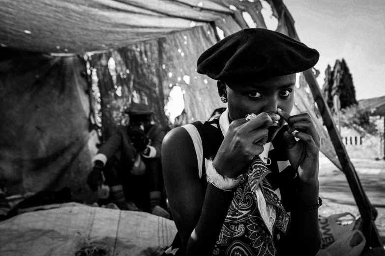 a black and white photo of a man holding a camera, by Daniel Lieske, visual art, somali woman, eating a mushroom, inside a gang hideout, afropunk