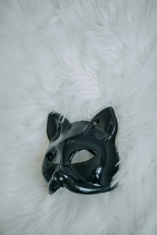 a black cat mask laying on top of a white fur, by Andrée Ruellan, long thick shiny black beak, a small, dos, to