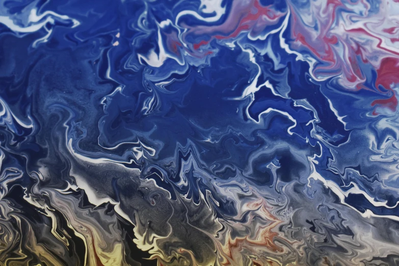 a close up of a painting of blue and red, inspired by Umberto Boccioni, pexels contest winner, liquid marble fluid painting, dark sky, blue and white and red mist, fractal algorightmic art