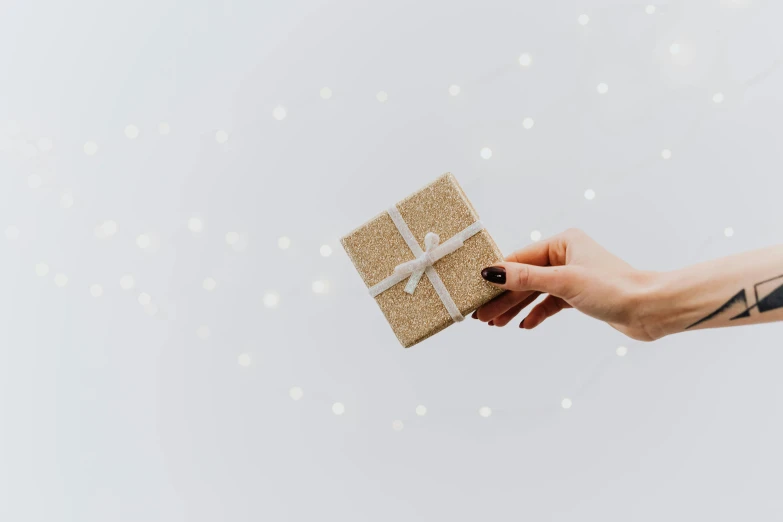 a woman's hand holding a gift wrapped in brown paper, a stipple, by Eden Box, pexels contest winner, minimalism, silver background, starlight, small, thumbnail