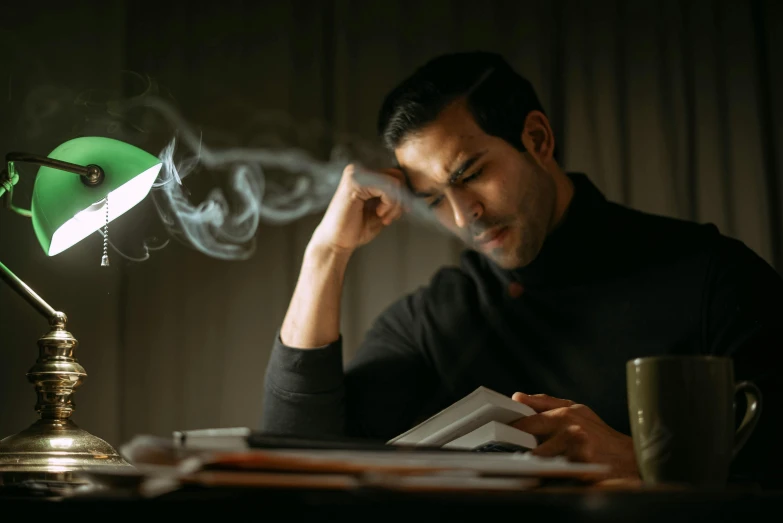 a man sitting at a desk reading a book, a digital rendering, pexels contest winner, whirling green smoke, smoking a blunt, stressing out, shot from movie