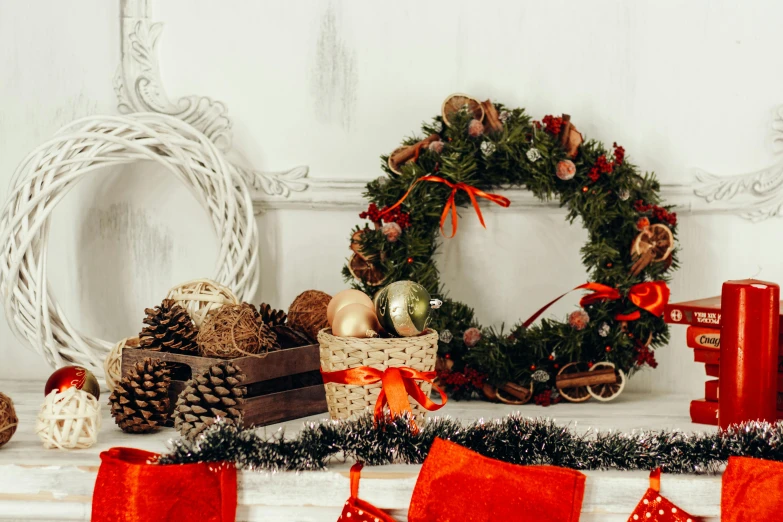 a bunch of stockings sitting on top of a mantle, pexels contest winner, wreath of ferns, red hairband, various items, profile image