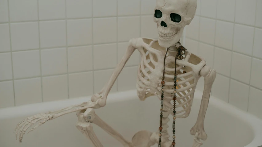 a skeleton that is sitting in a bath tub, unsplash, beads, true realistic image, white human spine, anthro