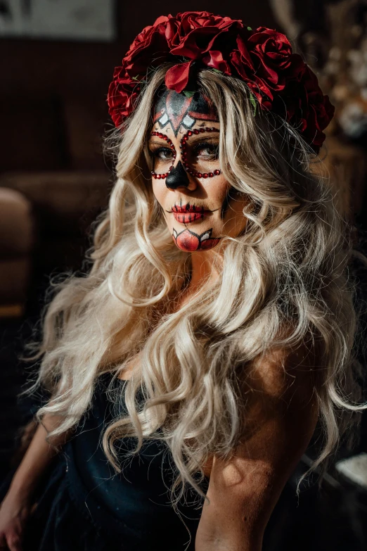 a woman dressed up as a skeleton in a living room, pexels contest winner, renaissance, close up of a blonde woman, aztec hair, beautiful succubus, headshot profile picture