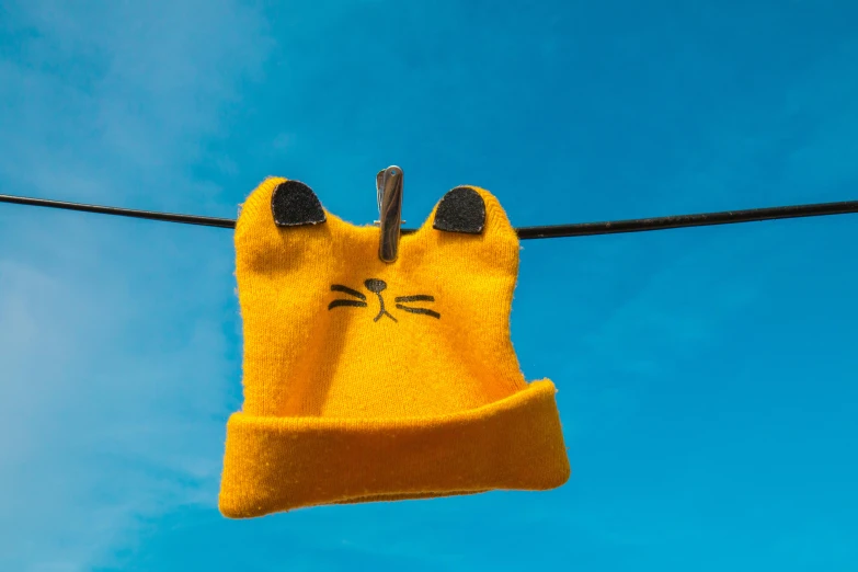 a yellow stuffed animal hanging on a clothes line, a cartoon, by Julia Pishtar, pexels, animal hat, cat design, sky blue, wool felting art