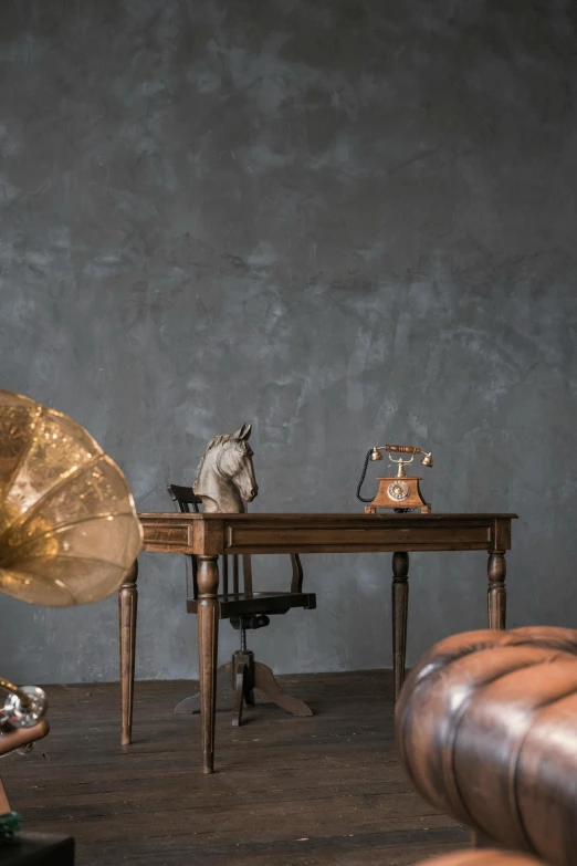 a living room filled with furniture and a gramphone, inspired by Wilhelm Hammershøi, trending on pexels, conceptual art, metallic paint, studio shoot, sousaphone, demur