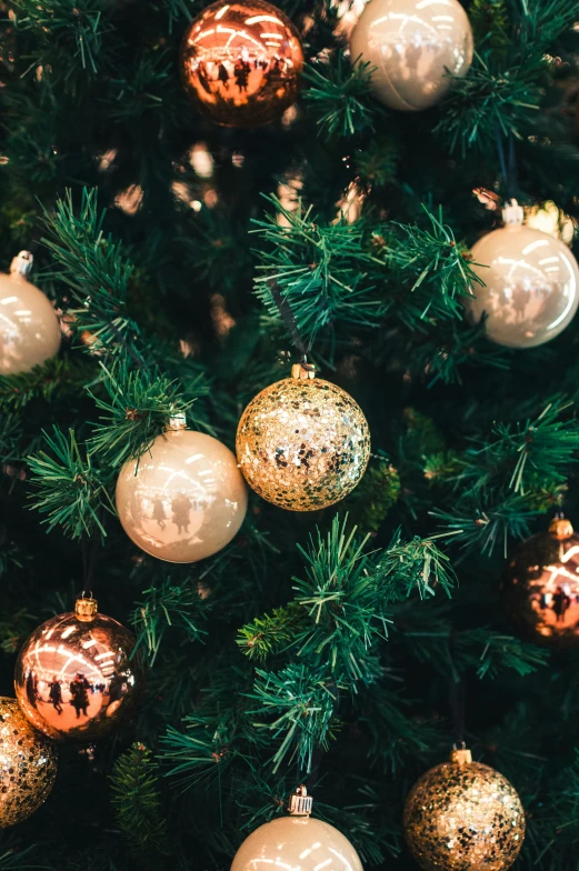 a close up of a christmas tree with ornaments, a digital rendering, pexels, baroque, warmly lit, globes, evergreen, gold