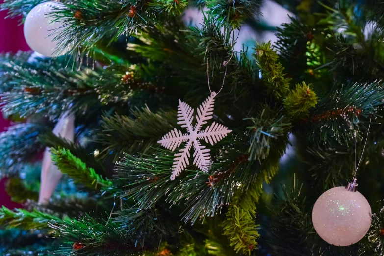 a close up of a christmas tree with ornaments, by Julia Pishtar, pexels contest winner, hurufiyya, snowflakes, silver insignia, modeled, thumbnail