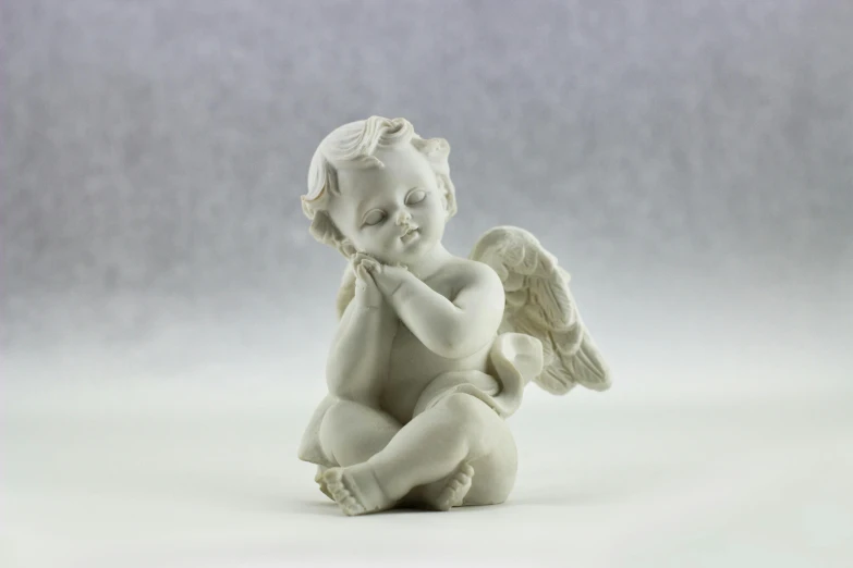 a statue of an angel sitting on the ground, a statue, baroque, pale milky white porcelain skin, high quality product image”, grey, putti