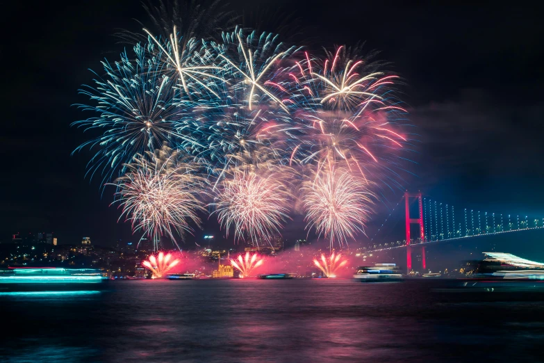 fireworks in the sky over a body of water, by Nazmi Ziya Güran, pexels contest winner, hurufiyya, red and cyan, kerem beyit, youtube thumbnail, new years eve