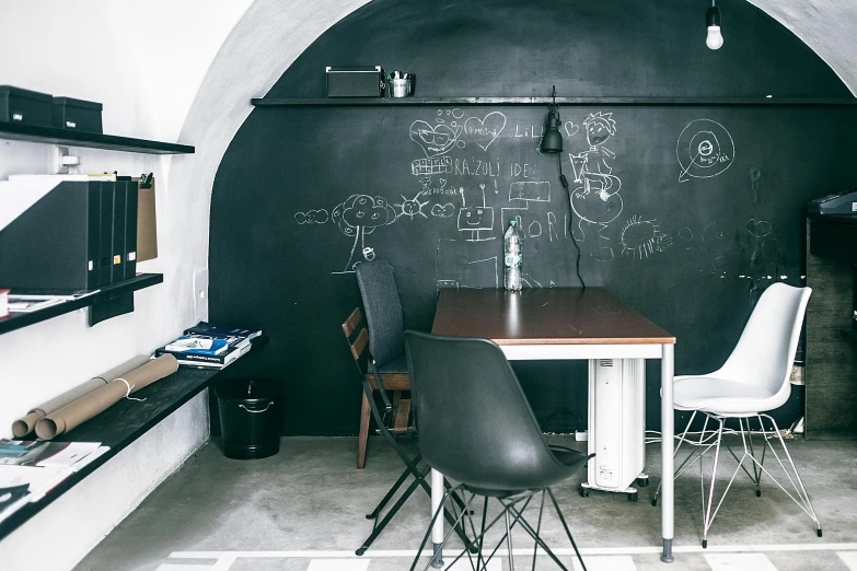 a table and chairs in a room with a chalkboard on the wall, arbeitsrat für kunst, dome, tunnel, whiteboard, snapchat photo