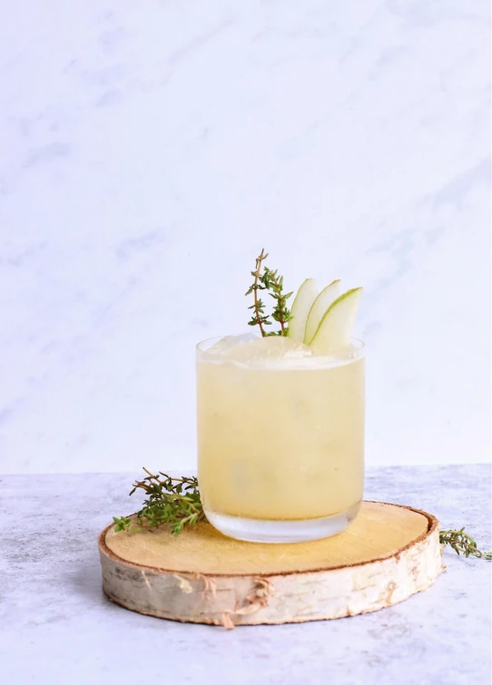 a drink sitting on top of a wooden coaster, a portrait, inspired by Kanō Shōsenin, unsplash, renaissance, white bg, 🍸🍋, ivy's, golden apple