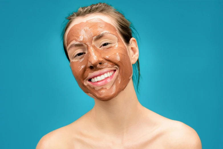 a woman with a facial mask on her face, trending on pexels, chocolate, right - half a cheerful face, full body image, terracotta
