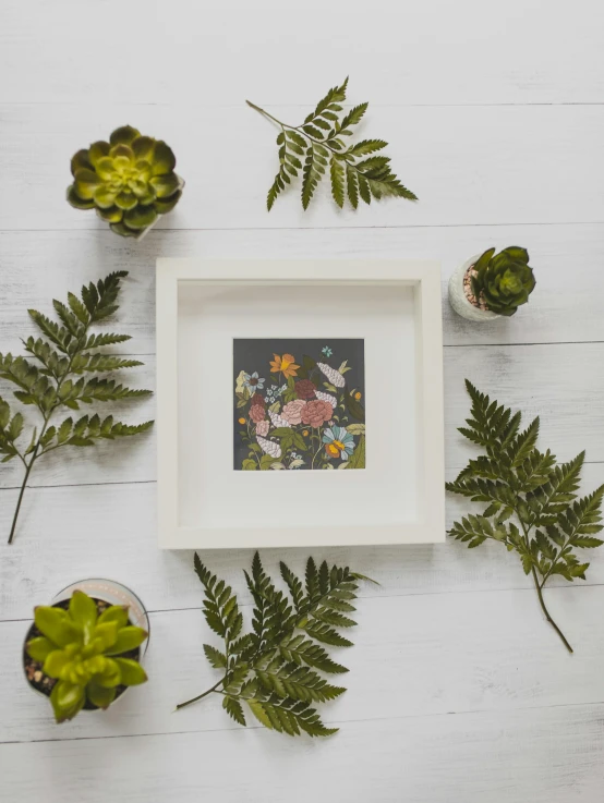 a picture frame surrounded by plants and succulents, an ultrafine detailed painting, inspired by Eden Box, featured on instagram, small fairies, style of william morris print, childrens illustration, square pictureframes