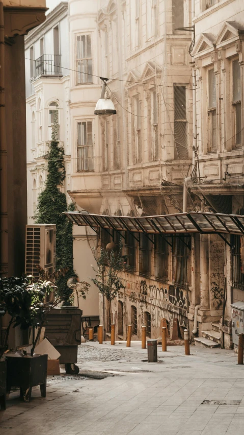 a man riding a skateboard down a street next to tall buildings, by Emma Andijewska, pexels contest winner, renaissance, elaborate carved wood balconies, building cover with plant, istanbul, gif