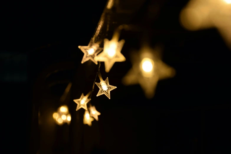 a close up of a string of lights, star sparkle, star born, soft outdoor light, set at night