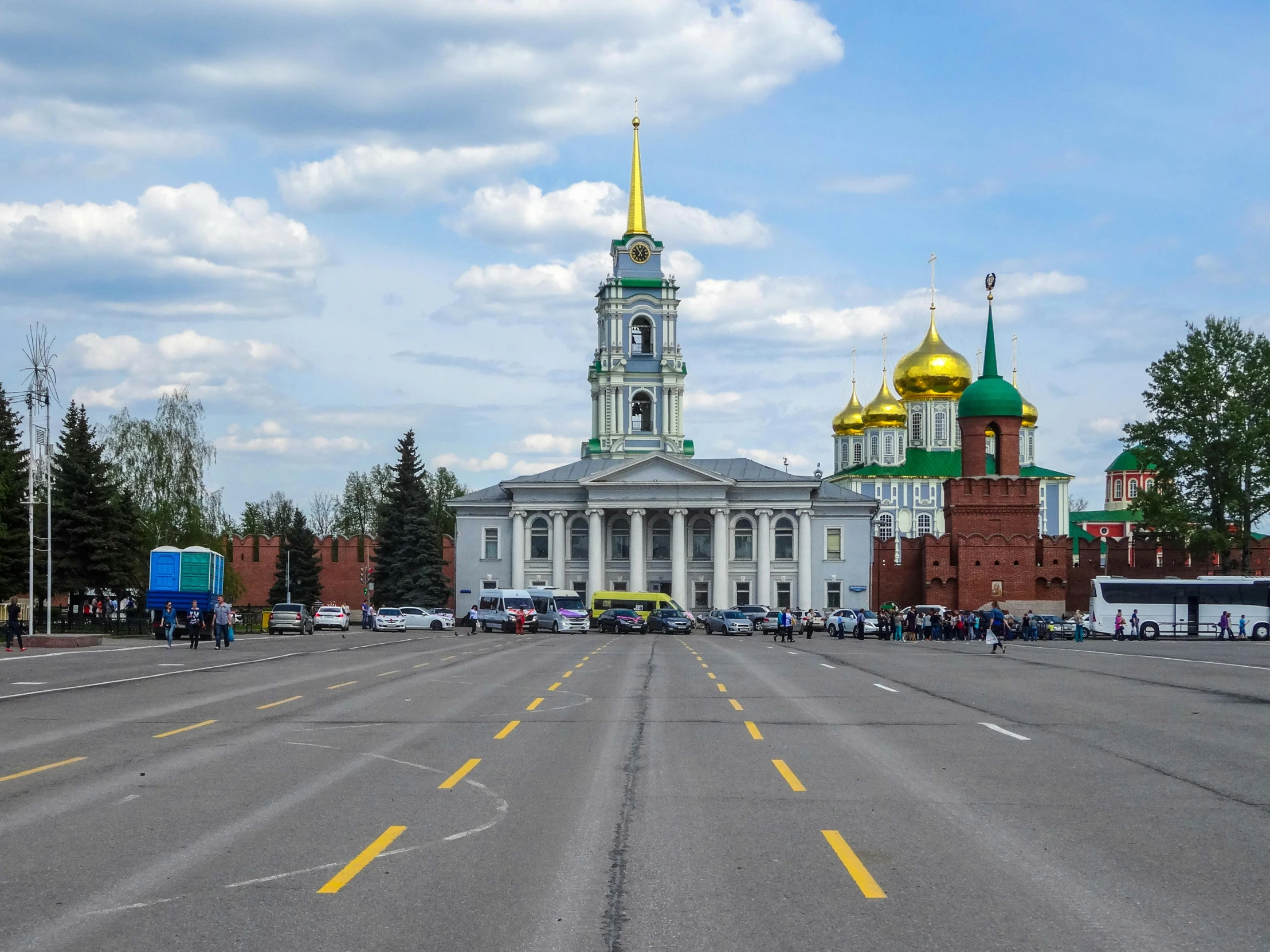 a large building sitting on the side of a road, pexels contest winner, socialist realism, russian temple, gold and green, square, 000 — википедия