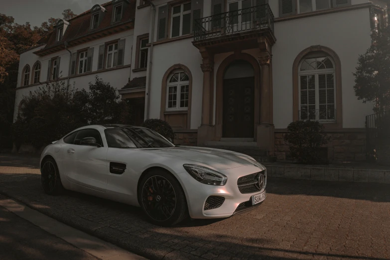 a white sports car parked in front of a house, pexels contest winner, baroque, dramatic lighting; 4k 8k, mercedes, octane render ] ”, photo realistic”