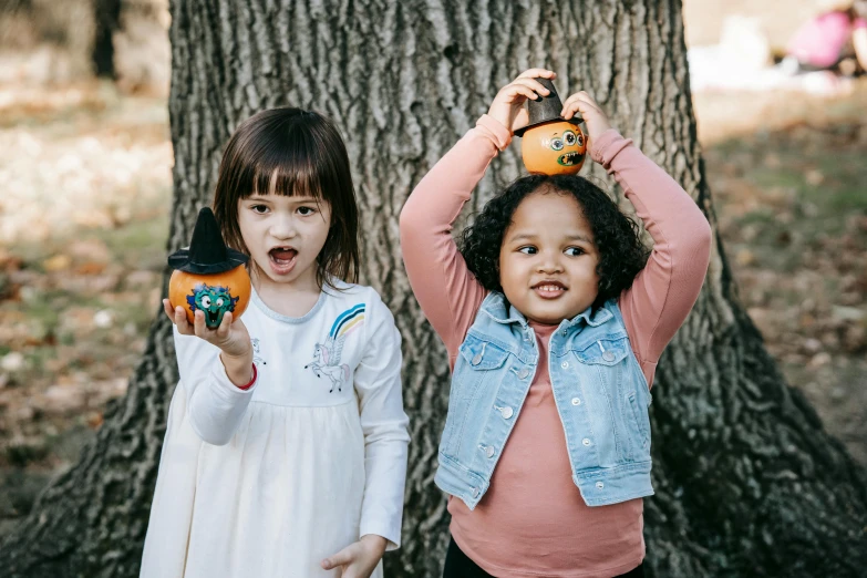 a couple of little girls standing next to a tree, pexels contest winner, holding a jack - o - lantern, happy meal toy, thumbnail, high resolution product photo