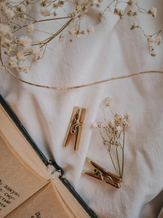 an open book sitting on top of a bed next to a bunch of flowers, by Ruth Simpson, unsplash contest winner, process art, white and gold robes, brass and wood mechanisms, detail shots, pins of light