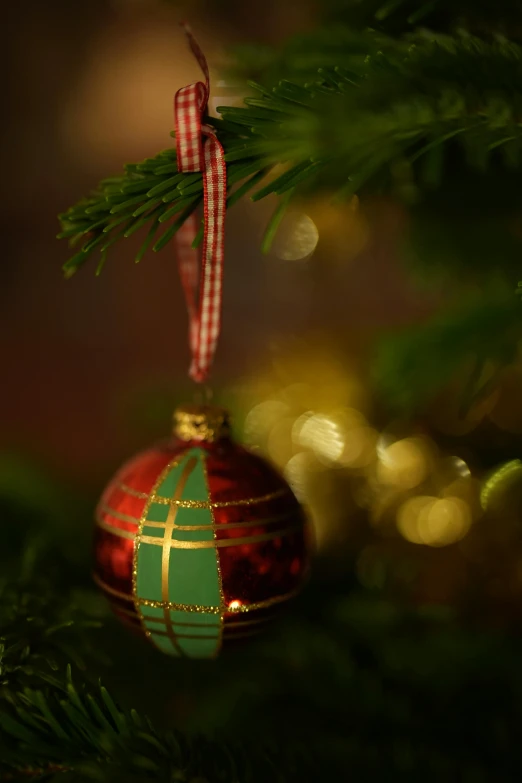 a christmas ornament hanging from a christmas tree, a picture, inspired by Ernest William Christmas, pexels, soft light, green and red, cosy, paul barson