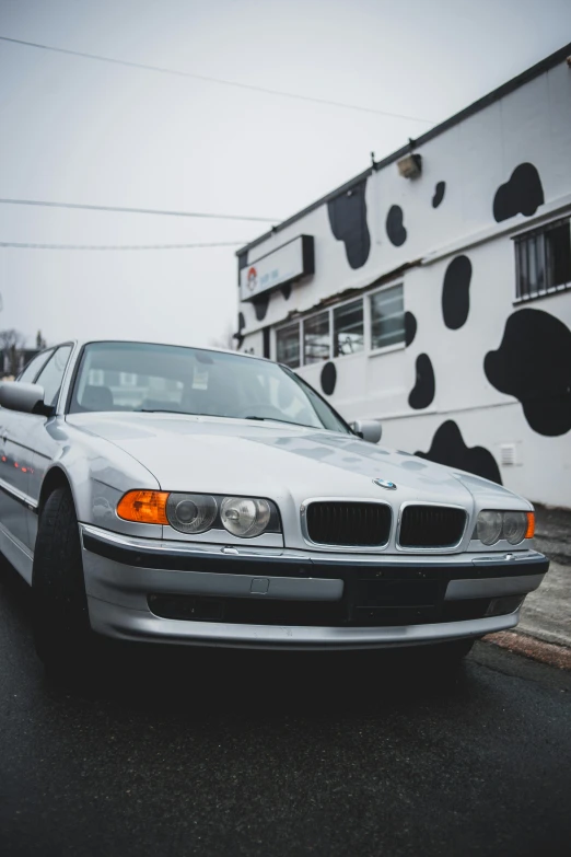 a white car parked in front of a building, an album cover, unsplash, bmw, mixed animal, taken in 1 9 9 7, icy