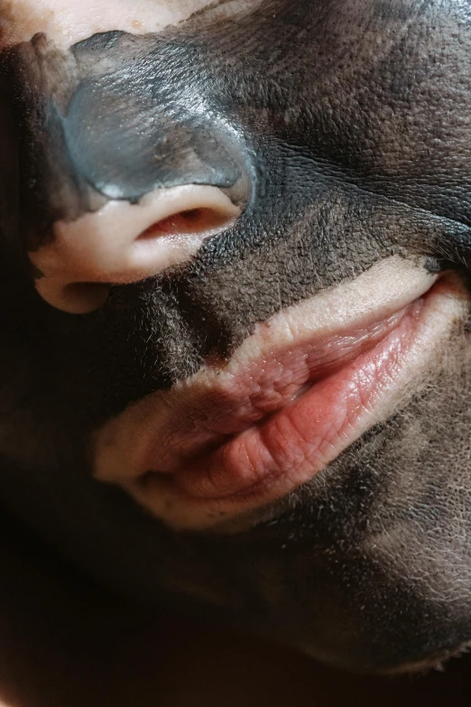 a close up of a person with a face mask, by Jan Tengnagel, soft lulling tongue, animal nose, hairless, close-up on legs