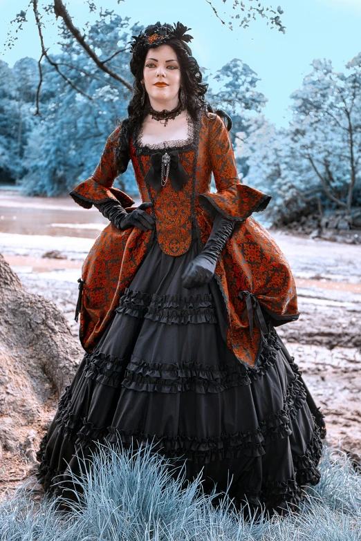 a woman in a red and black dress standing next to a tree, inspired by Ivan Kramskoi, baroque, in detailed steampunk dress, black and orange, slide show, winter