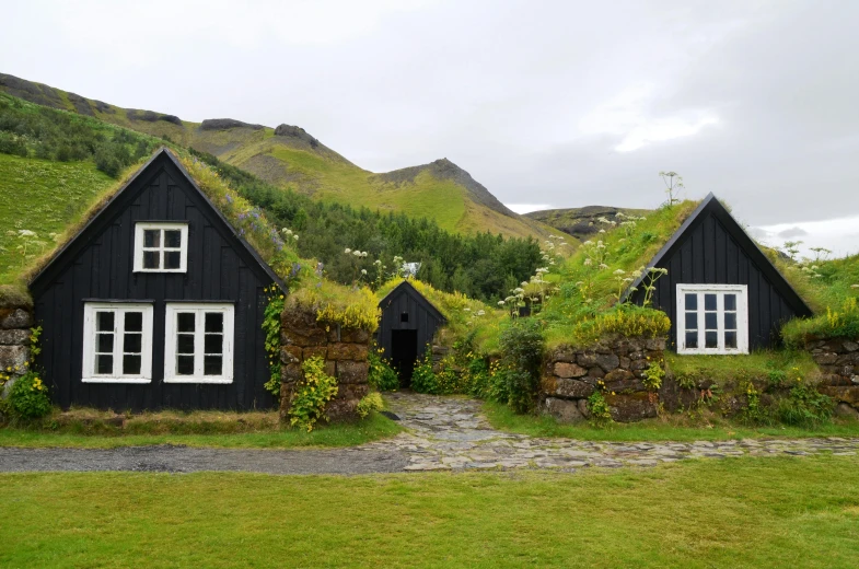 a couple of black houses sitting on top of a lush green hillside, by Þórarinn B. Þorláksson, pexels contest winner, hurufiyya, exterior botanical garden, stone roof, conde nast traveler photo, youtube thumbnail