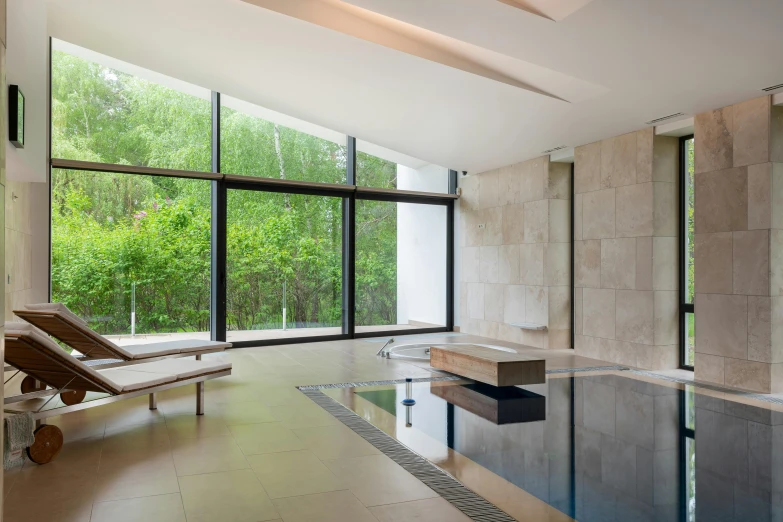 a large indoor swimming pool with lounge chairs, a mosaic, inspired by Tadao Ando, altermodern, esher, natural window lighting, thumbnail, lush surroundings