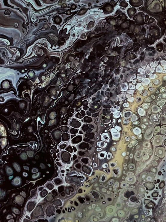 a close up of a black and white painting, inspired by Earnst Haeckel, reddit, generative art, oil slick nebula, trypophobia, colored marble, charcoal and champagne