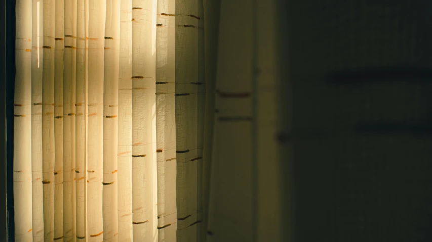 a close up of a curtain in front of a window, inspired by Elsa Bleda, unsplash, light and space, yellowed paper, side lighting, lined in cotton, in a row