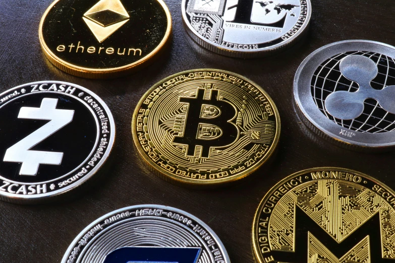 a bunch of bitcoins sitting on top of a table, trending on pexels, ethereum!!!! logo, panel, 1 petapixel image, chris scalf