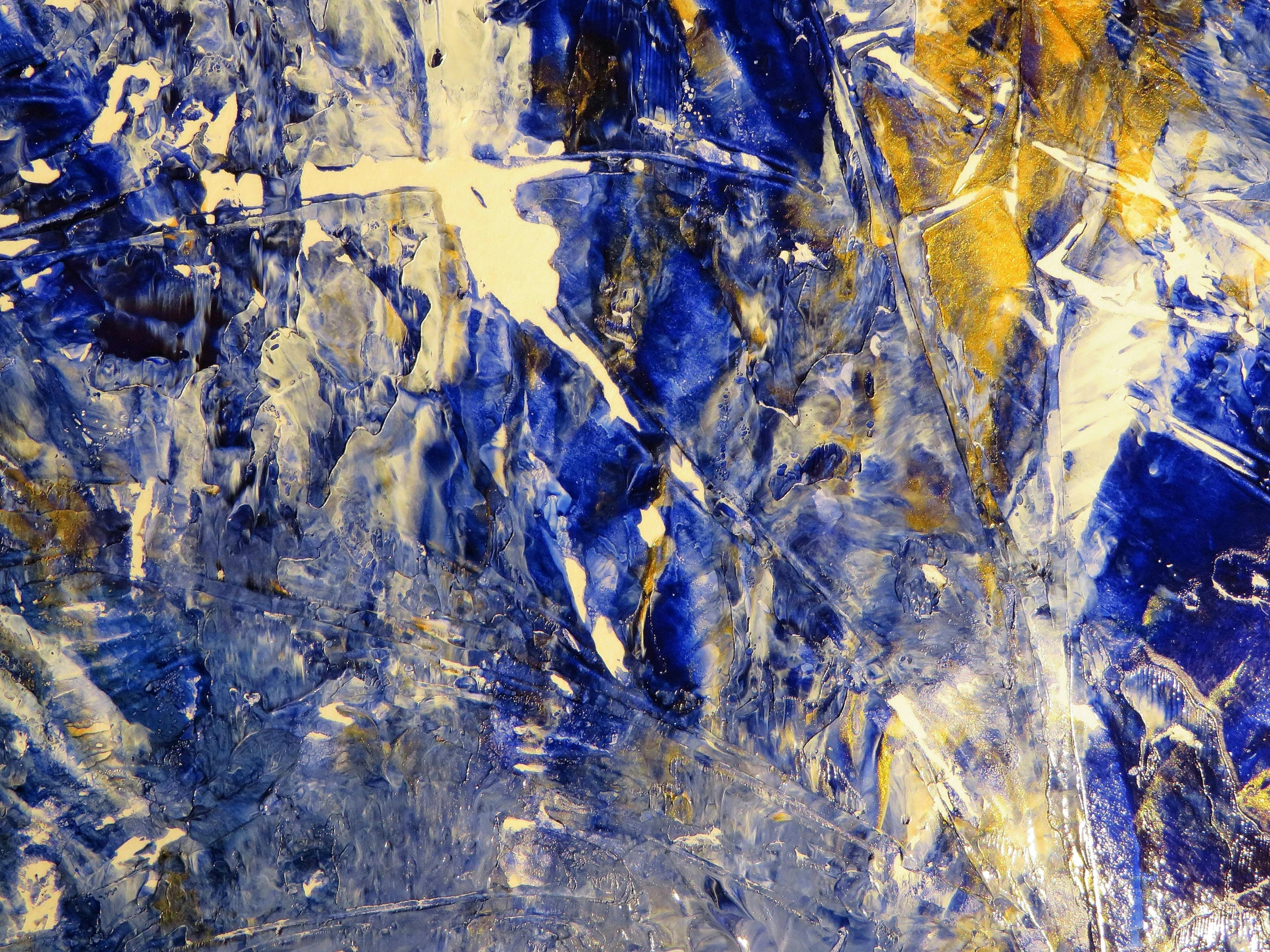 a painting with blue and yellow paint on it, flickr, lyrical abstraction, blue and white and gold, shattered glass ( ( sunbeams ) ), midnight-blue, 15081959 21121991 01012000 4k