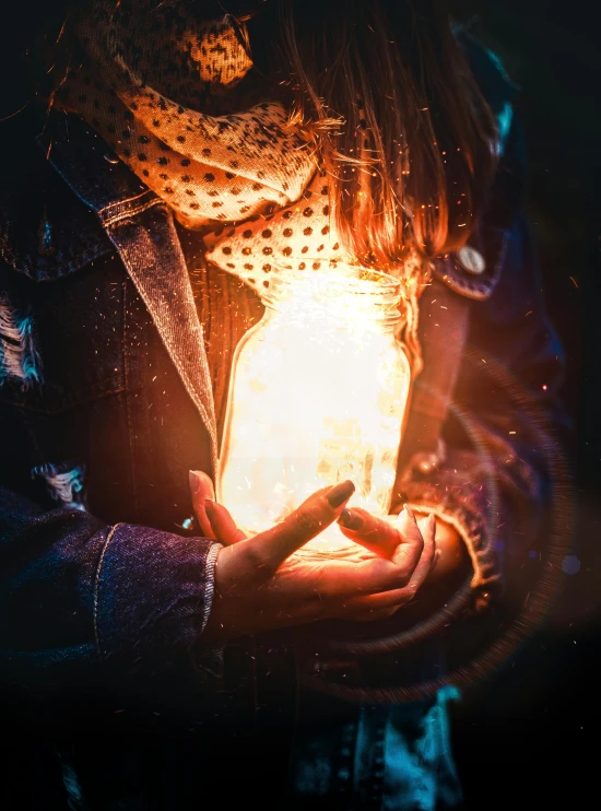 a woman holding a glowing jar in her hands, an album cover, by Adam Marczyński, pexels contest winner, magical sparks, brightly lit!, resin, avatar image