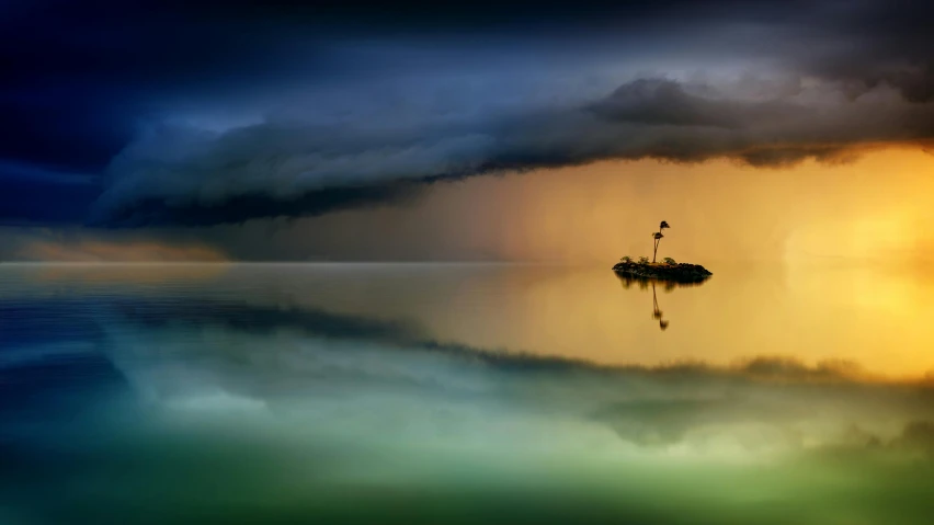 a boat floating on top of a lake under a cloudy sky, inspired by Michal Karcz, unsplash contest winner, monsoon on tropical island, multi - coloured, serene lighting, infinite reflections