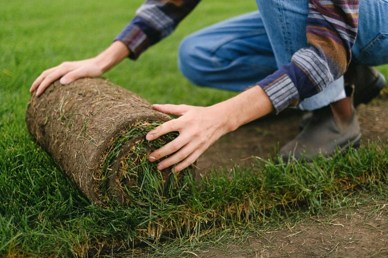 a man that is kneeling down in the grass, fake grass, the stone is rolling up, high quality product image”, parks and gardens