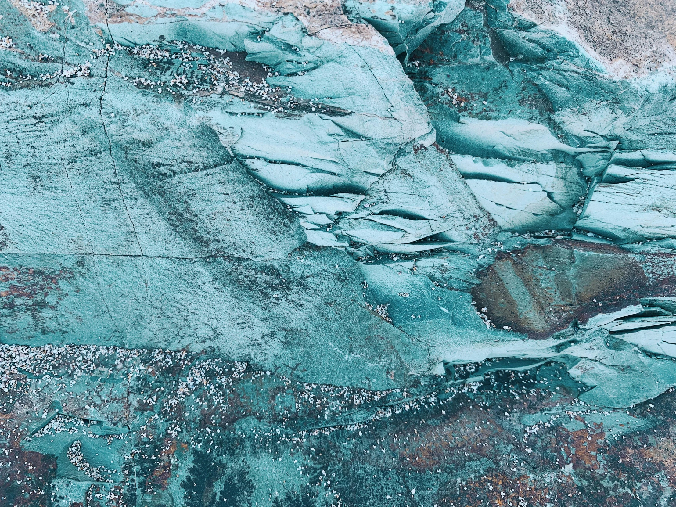 a bird that is sitting on a rock, inspired by Filip Hodas, trending on unsplash, analytical art, turquoise rust, aerial view, cracked steel, ((greenish blue tones))