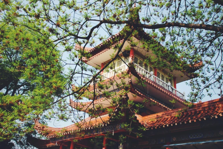 a tall building surrounded by trees on a sunny day, a photo, inspired by Miyagawa Chōshun, unsplash, art nouveau, vietnamese temple scene, 1990's photo, pagoda, baotou china