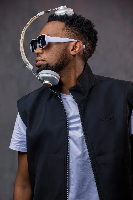 a young man wearing headphones and a vest, inspired by Ay-O, trending on pexels, afrofuturism, studio picture, rectangle, black main color, white waistcoat