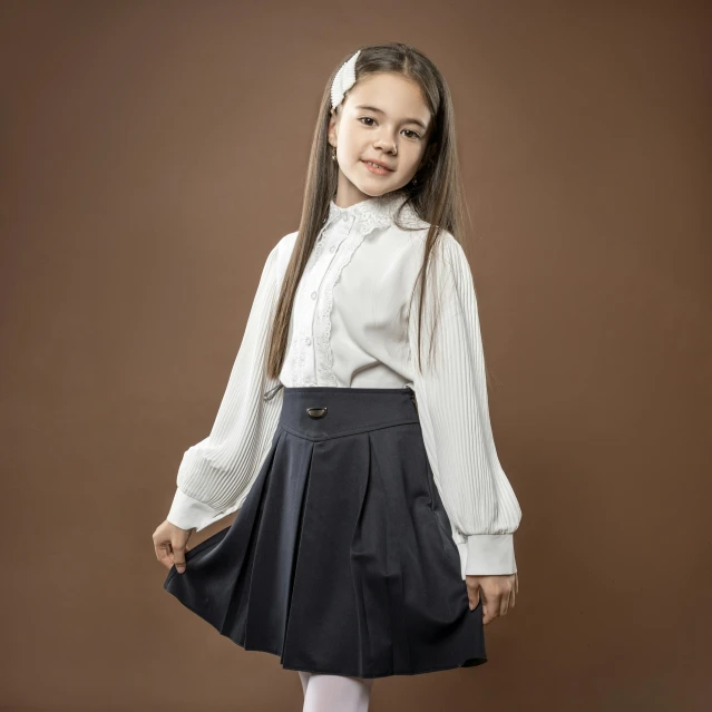 a young girl in a white shirt and black skirt, trending on pixabay, danube school, regal dark blue clothes, with a happy expression, vintage color photo, grey