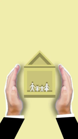 two hands holding a paper cut out of a house, a digital rendering, by Dennis Ashbaugh, pixabay, pictures of family on wall, gold, plain background, billboard image
